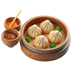 3D Dumplings in Bamboo Steamer with Dipping Sauce and Wooden Chopsticks on Transparent Background