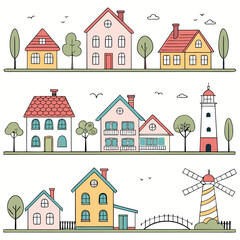 A collection of various stylized houses and buildings
