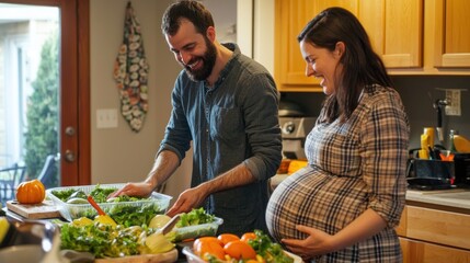 A couple excitedly preparing a healthy meal for their pregnant partner, ensuring the best nutrition.