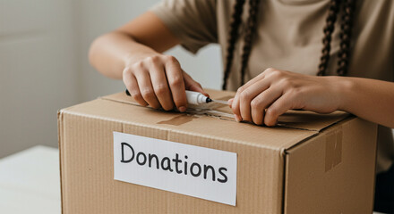 Woman Packing Donations Box for Charity