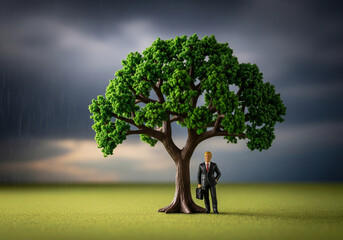 A miniature businessman figure hides under a big tree, Weathering the Storm