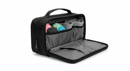 Compact underwear travel bag isolated on white background, close-up, sharp details on stitching
