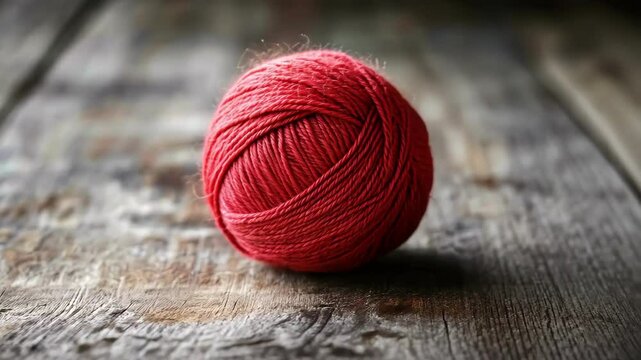 Close-up of a red yarn ball on rustic wooden surface, soft focus
