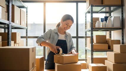 E-commerce owner packing orders, great for online business, startup, and retail branding