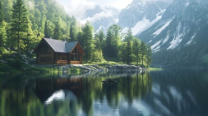 Fototapeta premium Serene log cabin in forest with calm reflection lake high resolution picture