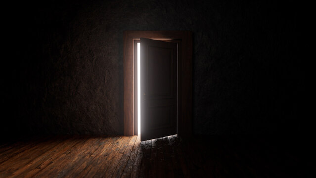 Wooden door with bright light shining into dark room with wooden floor and dark textured wall, creating a mysterious and hopeful atmosphere