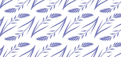 Seamless hand-drawn botanical leaf pattern in soft purple on white background. Elegant and minimalist nature-inspired design for fabric, wallpaper, or stationery. Repeating foliage motif vector.