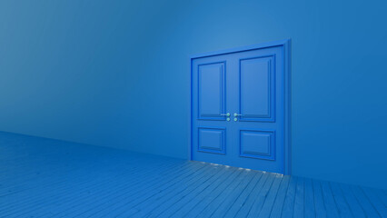 Light streaming through a slightly ajar blue double door in a blue room, complemented by a blue wooden floor, creates an atmosphere filled with mystery and surreal possibilities