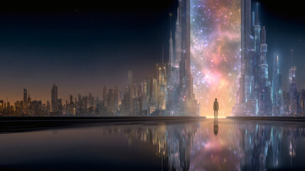 Fototapeta premium Epic journey through a cosmic portal futuristic cityscape digital art vibrant night wide angle exploration theme