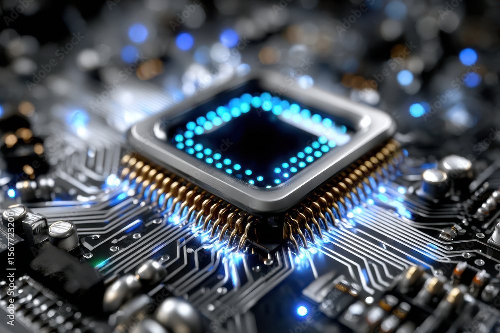 Poster close-up view of computer processor on circuit board with glowing connections and intricate details