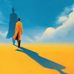 Man in yellow coat black hat walking on bright yellow sand with long shadow blue sky surreal mysterious emotional solitude