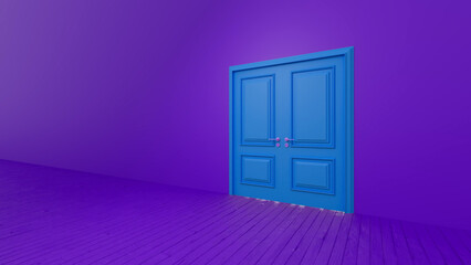Light shining from slightly ajar blue double door in empty purple room with wooden floor creates hopeful atmosphere of anticipation and new beginnings