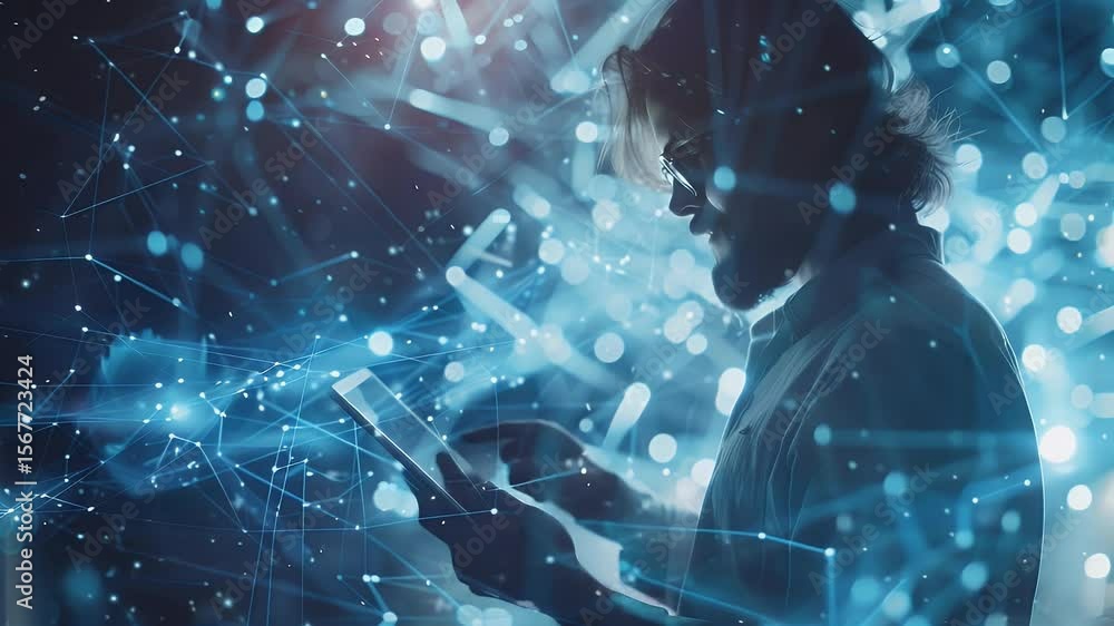 Poster silhouette of a person in glasses interacting with a digital tablet surrounded by glowing blue inter