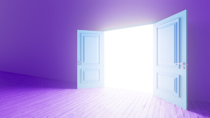 Light streaming through an open door in a purple room creates a hopeful atmosphere, symbolizing new beginnings, opportunities, and a brighter future