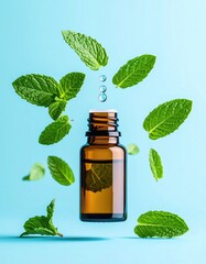 Mint Essential Oil: Amber Bottle, Vibrant Green Leaves, Fresh Aroma