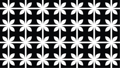 Monochrome floral grid pattern with white abstract petals on a solid black background