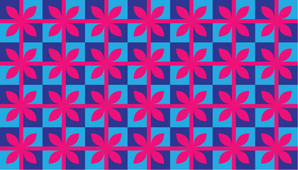 Seamless vibrant floral pattern with bold pink flowers over a deep blue and cyan geometric background