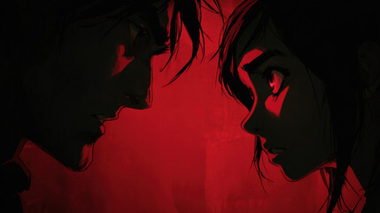 Intense dark anime style manipulative emotional dramatic red shadow illustration Two characters dark anime style face each other with intense