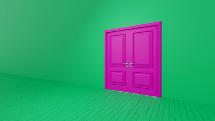 Vibrant pink double door stands slightly ajar in a green room, symbolizing new opportunities, choices, and the potential for change or transition
