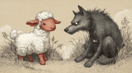 Curly sheep and angry wolf face each other in grassy field, children book illustration style, ironic mood
