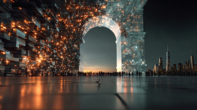 Futuristic light show celebration urban cityscape digital art nighttime low angle innovation and technology - Powered by Adobe