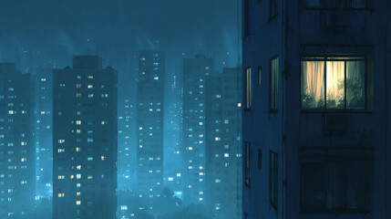 Cityscape at night with glowing windows, tall apartment building, blue mist, urban atmosphere, moody, illuminated, residential