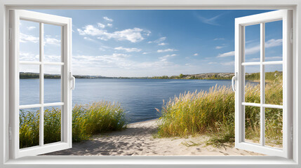 Open White Window Frame Overlooking River and Sandy Shore