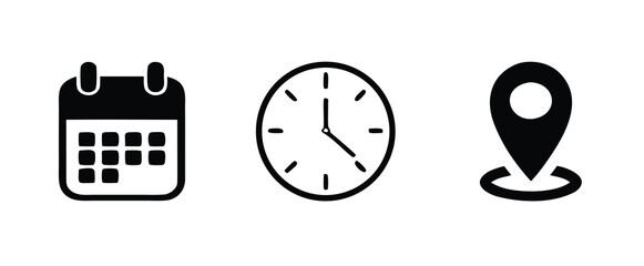 Calendar, clock and map symbol location icon set. Date, time, address for event, meeting, wedding, schedule, invitation card design element. transparent vector design. 