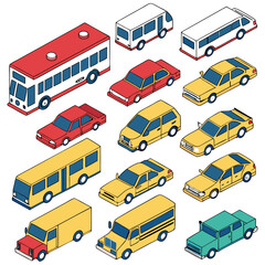 Large collection of various vehicles in an isometric style Different types of cars, trucks, vans, buses, and limos are displayed.