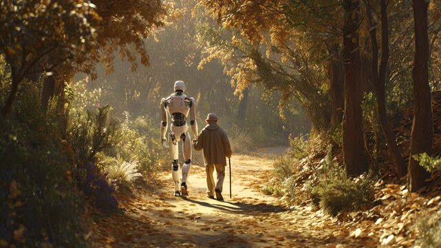 Elderly man walking with humanoid robot through autumn forest, heartwarming scene of companionship and future technology.