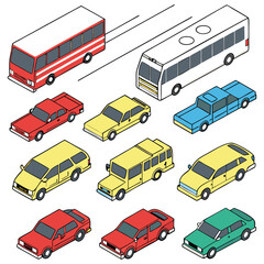 Large collection of various vehicles in an isometric style Different types of cars, trucks, vans, buses, and limos are displayed.