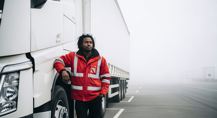 confident truck driver in reflective red jacket, standing in front of a semi-truck at logistics warehouse, sunny day, smiling, realistic photo style