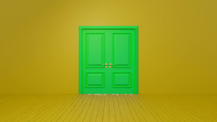 Green double doors standing in a vibrant yellow room with a wooden floor, creating a striking contrast and inviting a sense of possibility and exploration in the space