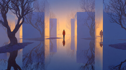 Surreal landscape reflection silhouette barren tree sunset dreamlike metaphor solitude misty emotional