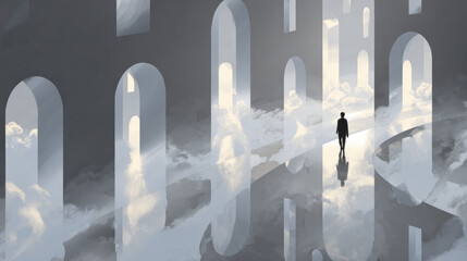 Surreal dreamlike scene with arches, clouds, reflection, mysterious atmosphere, solitary figure, metaphor for gaslighting, fantasy mood