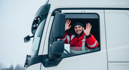 confident truck driver in reflective red jacket, standing in front of a semi-truck at logistics warehouse, sunny day, smiling, realistic photo style