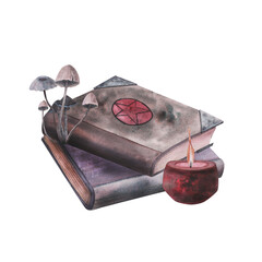 Witch's magical book with pentagram, red wax candle, mushrooms isolated on white. Watercolor hand drawn dark fantasy sketch illustration. Art design mystical halloween witch decoration greeting card