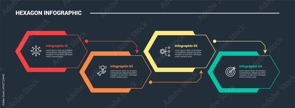 Poster hexagon base shape infographic process diagram with long hexagon with up and down and arrow connecti