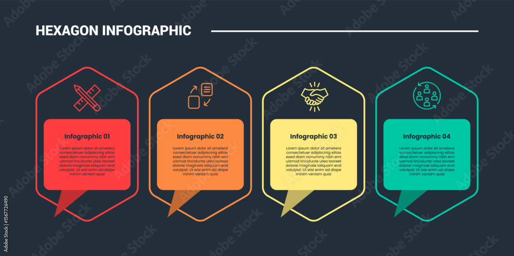 Poster hexagon base shape infographic process diagram with callout discussion box on horizontal direction w