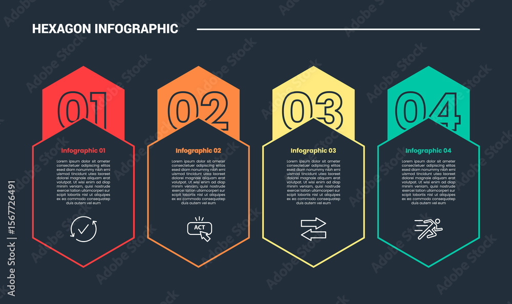 Poster hexagon base shape infographic process diagram with vertical standing box with badge at top with dar