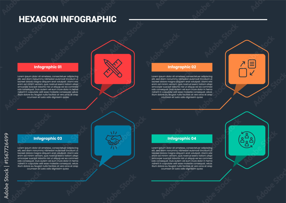 Aufkleber hexagon base shape infographic process diagram with discussion box callout with long line divider wi