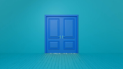 Closed double blue door standing in an empty turquoise room with a wooden floor, symbolizing new opportunities, potential, and the journey toward discovery and growth