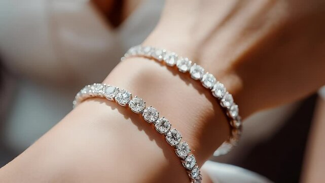 Elegant close-up shot featuring sparkling diamond bracelets adorning a wrist against a blurred background. Focus on luxury and detailed jewelry design.