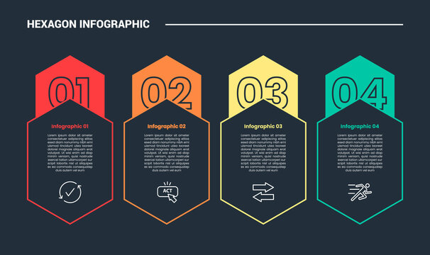 hexagon base shape infographic process diagram with vertical standing box with badge at top with dark background bright outline style