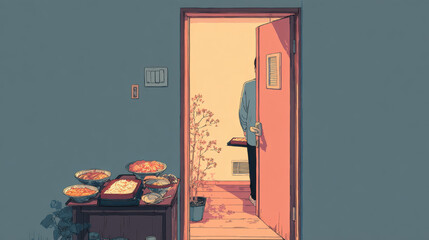 Parent leaving food trays door warm light indoor table meal comfort care evening solitude home parent leaves food trays door warm light fills