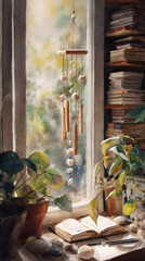 Watercolor painting of bamboo wind chime, potted plant, open book, and stacked books on sunny windowsill, peaceful and cozy mood