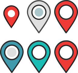Location pin icon set. Colorful and outlined and filled styles for maps, navigation apps and location-based services. Vector icons.