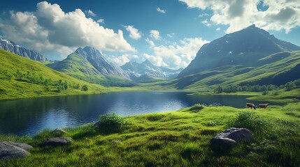 Fototapeta premium Wildflowers bloom near clear lake in alpine meadow high resolution picture