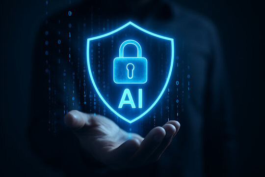 Digital security shield with AI padlock over an open hand representing modern technology protection and innovation for secure digital future