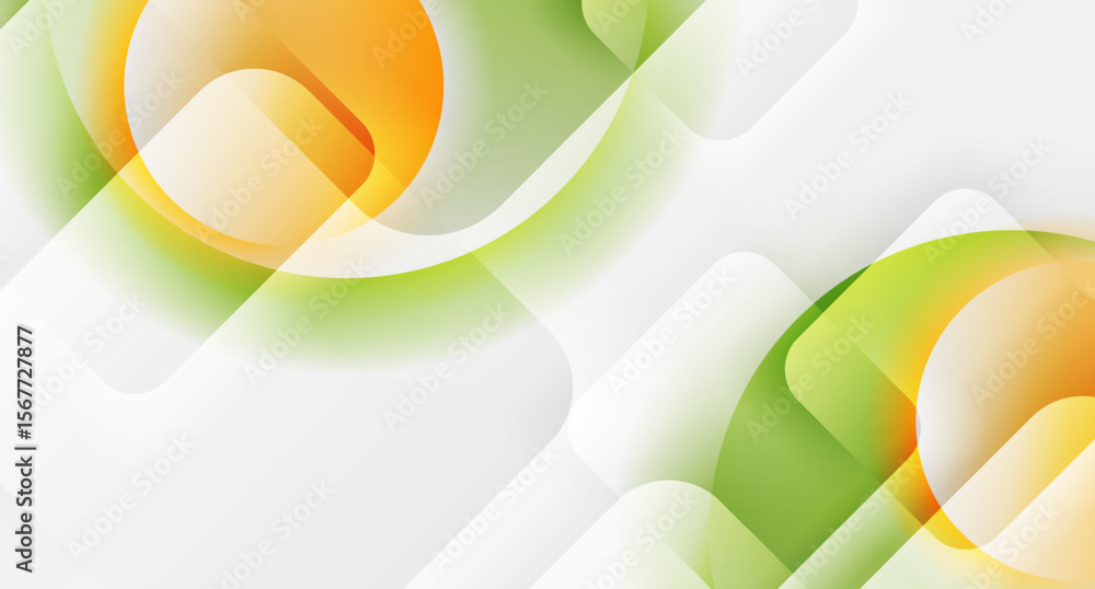 Poster Green orange glossy circles and squares geometric tech backgrounds. Vector abstract concept design